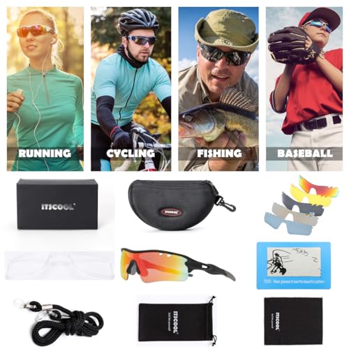 Image of ITSCOOL Polarized Sports Sunglasses with 5 Interchangeable Lenses for Men Women Softball Baseball Running Cycling Glasses
