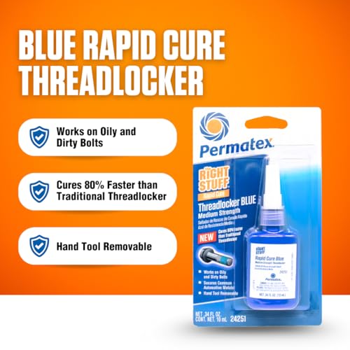 Image of Permatex The Right Stuff Rapid Cure Blue Threadlocker 24251, Works on Oily & Dirty Fasteners, Automotive, Industrial & Hardware Use, Sets in 15m Cures in 4h, 10 ml
