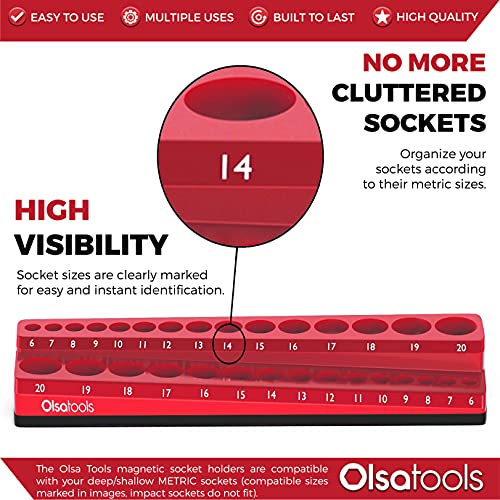 Image of Olsa Tools Magnetic Socket Organizer - 3 /8-Inch Drive Metric Socket Holder with Strong Magnets - Professional Tool Holder and Organizer - Stores up to 30 Sockets - Red - Part: 1300