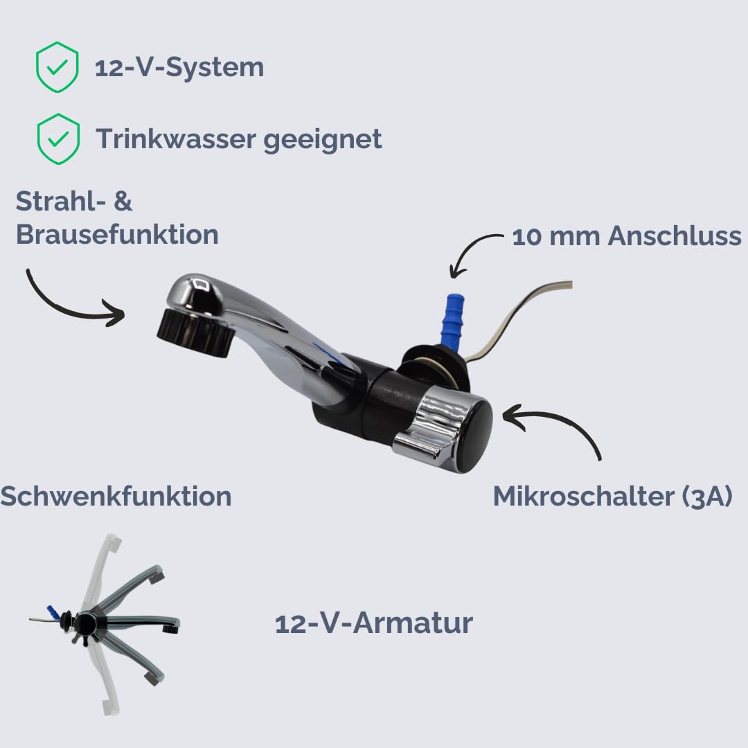 Camping 2 x 12 L Wasserkanister mit Armatur, Wasserpumpe, Kabelsatz, Abwasserschlauch mit 25 mm Anschluss, für Campingküche, Vanküche/Food-Truck-Ausbau