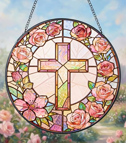 FancyPlus Sun Catcher Cross Stained Glass 7.9 Inch Suncatcher Religious Cross and Roses Suncatchers for Windows Hanging Gifts for Women Cottage Core Apartment Home Decor Christian Gift Religious Gift