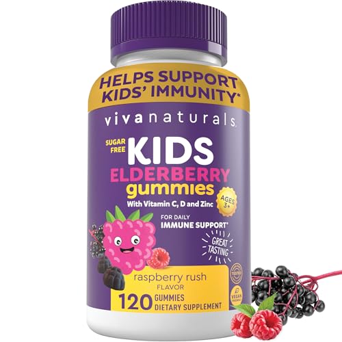 Viva Naturals Sugar-Free Sambucus Elderberry Gummies for Kids, 8-in-1 Children Immune Support with Vitamin C & Zinc – Chewable, Vegan & Gluten-Free (120 Count) for Daily Wellness