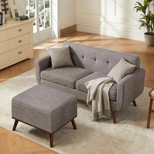 Image of Kingfun 65 inch W Loveseat Sofa with Ottoman Coffee Table, Mid Century Modern Love Seat Couches for Living Room, Button Tufted Upholstered Love Seats Furniture Set, Grey