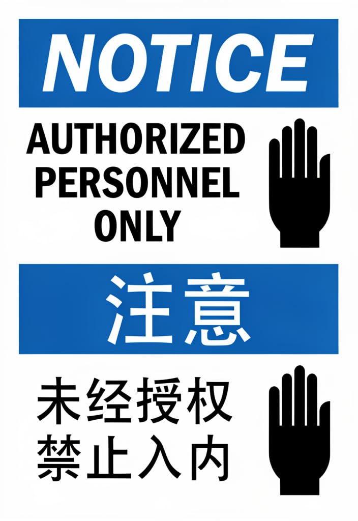 peiyeety NOTICE Authorized Personnel Only Tin Sign 12x8 Inch, Bilingual English Chinese Warning Metal Plaque with Hand Stop Icon, Durable Indoor/Outdoor Wall Decor for Office, Warehouse, Door, Garage