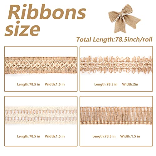 VGOODALL 16 PCS Natural Burlap Flowers Set, Including 12 PCS Handmade Lace Burlap Flowers and Bowknots, 4 Rolls Burlap Ribbon for Christmas Birthday Party Wedding Home Embellishment DIY Crafts