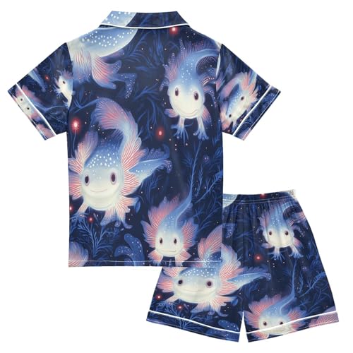 Satin Pajama Sets Short Sleeve Axolotl in Darkness Button Down Silky Nightwear 2 Piece PJS 5-14Y2