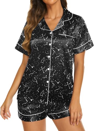 Image of Ekouaer Silk Pajamas for Women Short Sleeve Sleepwear Soft Button Down Loungewear 2 Piece Satin Pjs Shorts Set,Floral Black Stars,L