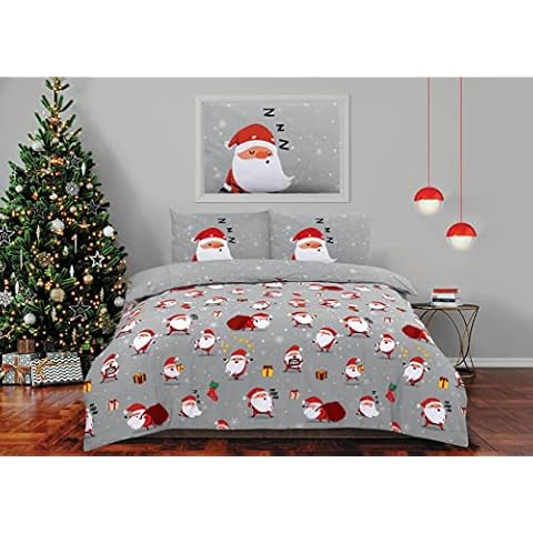 Charlotte Andersen Santa Christmas King Xmas Grey Red Festive Duvet Cover Bedding Set with Pillowcases (GREY SANTAS MIX, King) Cover