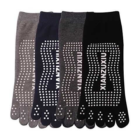 Elfin-Lore 4 Pack 5-Toe Yoga Socks, Non Slip Anti Skid Grip Full Toe Sock for Yoga Pilates Barre for Man Cover