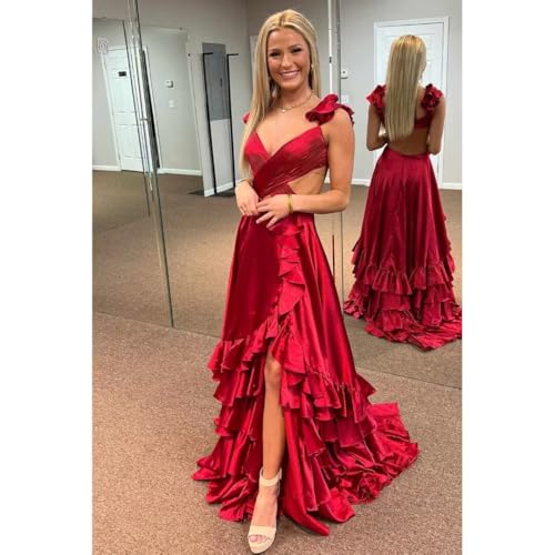 Satin Prom Dresses 2024 V Neck Tiered Ruffles Cutout Long Ball Gown High Low Formal Evening Party Gowns with Slit2