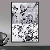 Framed Canvas Wall Art Flock of Birds Beach Birds Expressive Group Living Room Multicolor Photography - 16x24 inches