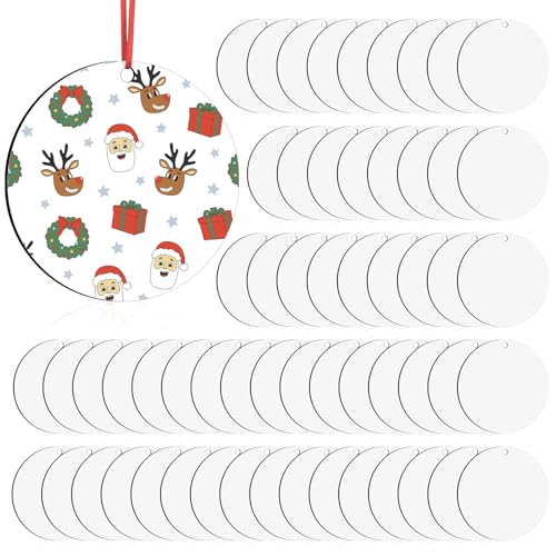 60 Pcs Sublimation Ornament Blanks Double-Sided 3.12 inch Round Sublimation Ornament Blanks Bulk Blank Christmas Pendants Ornament for Crafting DIY Personalized Christmas Home Decor