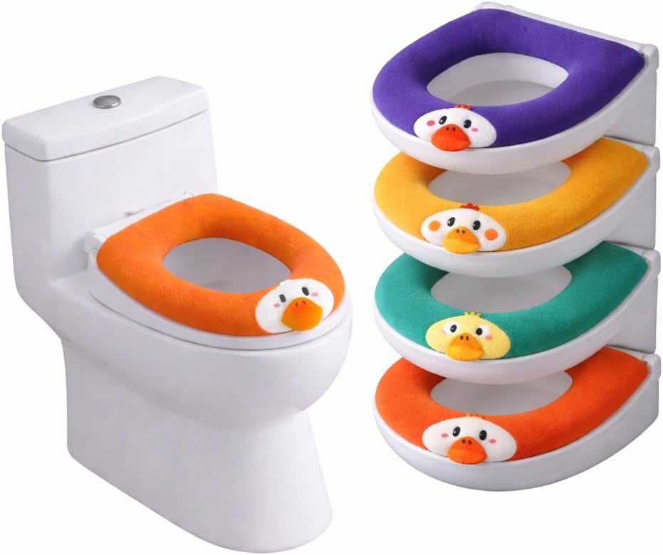 Set of 4 x Cute Duck Handle Toilet Seat Cover, Soft Plush Washable, Available in Green, Orange, Blue, Yellow