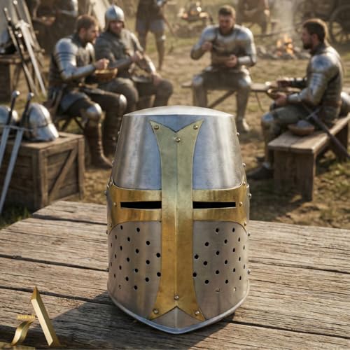 Image of AnNafi Brass Crusader Helmet | Medieval Metal Knight Helmets | PREMIUM QUALITY with Fitted LEATHER LINER | Dark Crusades Helmet Wearable for Adult | Medieval Costumes - RolePlay Gift