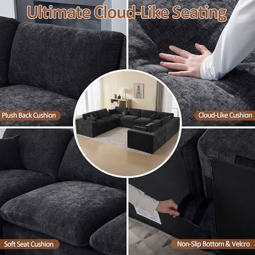 Image of 146''Cloud Boneless Sectional Couch, Modular Sectional Sofa Deep Seat, Oversized Upholstered Convertible Comfy 8 Seater Chenille Memory Foam Sofa U Shape Couches for Living Room, Dark