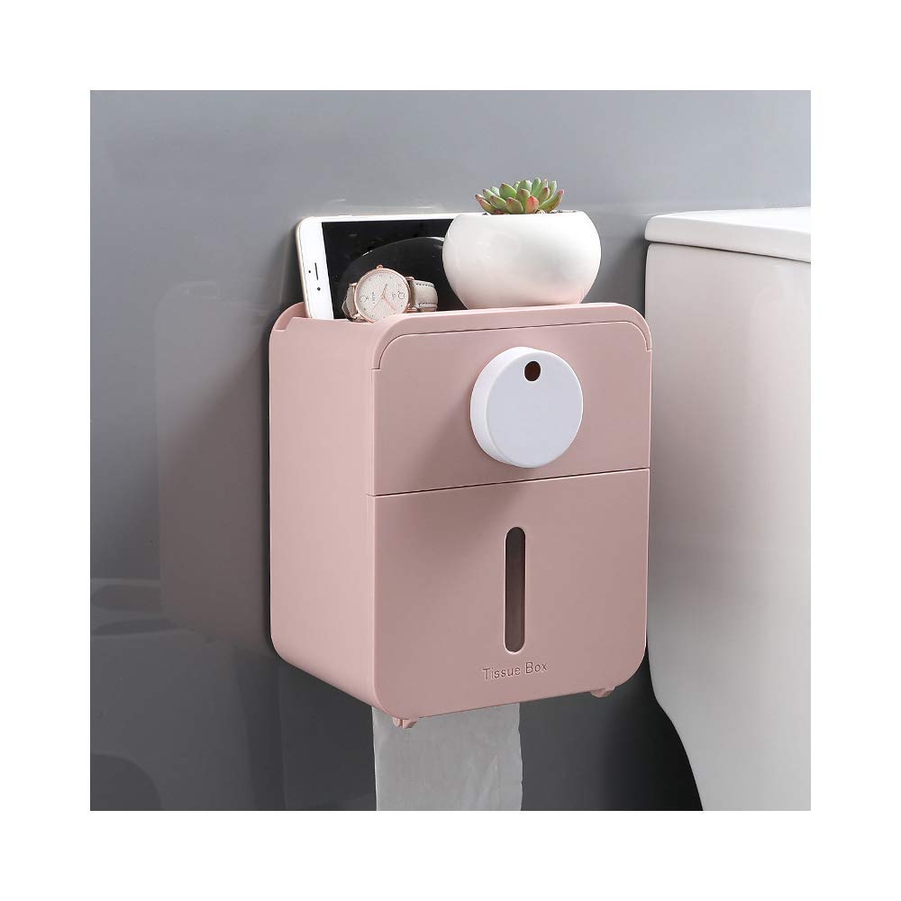 ApttEkTissue Holders,Toilet Paper Holder with Storage Holder & Drawer Box,Self Adhesive Punch-Free Toilet Roll Holder Wall Mounted Tissue Holder with Mobile Phbase/Pink