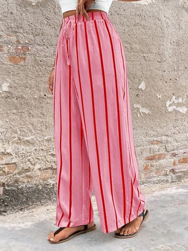 Plus Size Women's Casual Pants Striped Color Block Vintage Textured Wide Leg Drawstrings Loose Trousers4