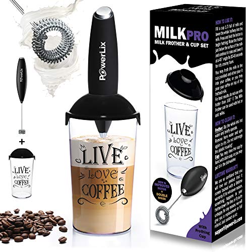 PowerLix Milk Frother Handheld Battery Operated Electric Foam Maker For Coffee Latte Frappe Matcha Drink Mixer With Stainless Steel Double Whisk Mini Hand Held Machine Foamer Cup Included