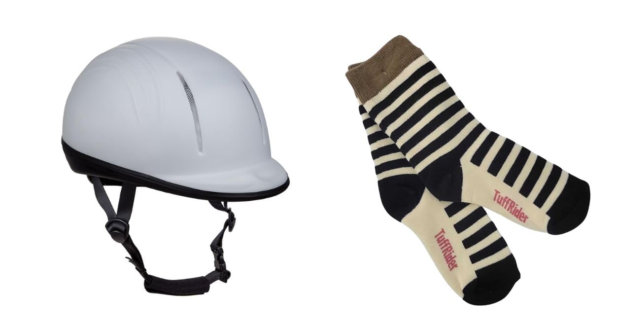 TuffRider Starter Basic Horse Riding Helmet Protective Head Gear for Equestrian Riders with Assorted Stripe Socks-White-S, Small, COM2305-01_Sand06641