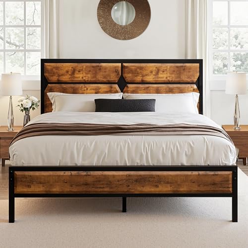 VECELO Bett 140 x 200 cm mit Holzkopfteil, Bettgestell Metallbett Doppelbett mit Lattenrost, Bettrahmen aus Metall, Jugendbett, perfekt für...