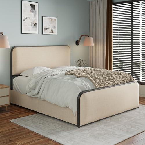 Merax Metal Platform Bed King Size with Curved Upholstered Headboard and Footboard, King Bed Frame with 4 Storage Drawers Under Bed, Heavy Duty Metal Slats, No Box Spring Needed, Gold+Beige by Merax - Image 4