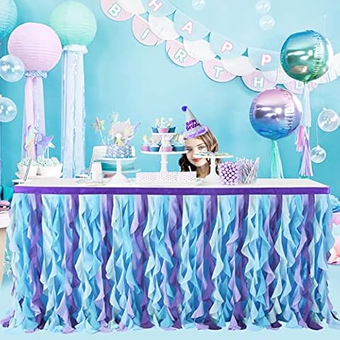Tutu Tulle Table Skirt 6ft, Mermaid Ruffle Table Skirt for Birthday Party,Curly Willow Table Skirt for Unicorn Party,Mermaid Party Cover
