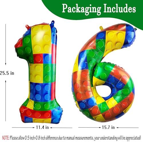 Image of 32 Inch Building Block Number 16 Balloons birthday Block Themed Large Big Helium Foil Mylar Balloon for Girls Boys Birthday Party Decoration Supplies