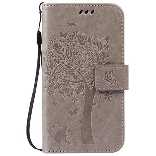 Gift_Source Moto G 2nd Gen Case, Moto G2 Case, [Card Slots] Magnetic Closure Embossed Cat Tree Butterfly PU Leather Wallet Flip Folio Case Wrist Strap for Moto G(2nd Gen 2014)/Moto G2[Gray]