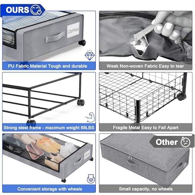 Beborxue Under Bed Storage with Wheels, 4-Pack Under Bed Storage Containers with Clear Lids, XXL 60L Under the bed storage Organizer Bins, Rolling Under Bed Metal Drawer for Clothes,Shoes,Toys (Gray)