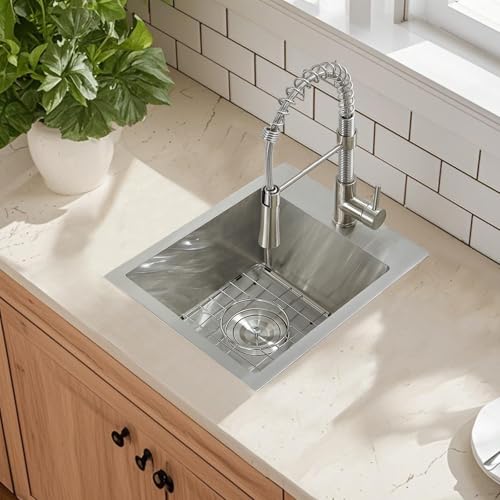 Image of 15x15 Inch Drop In Bar Sinks, Top Mount Handmade Single Bowl Small Kitchen Sink, 16 Gauge Stainless Steel Brushed Nickel for Wet Bar Prep RV Outdoor with Grid & Drain Strainer