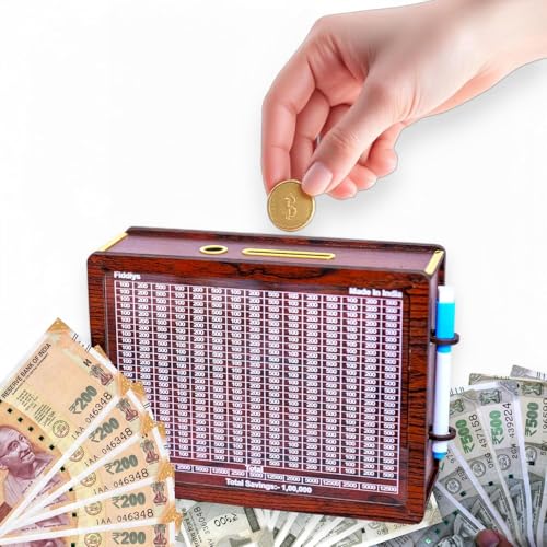 Image of Fiddlys Wooden Money Piggy Bank for 2 3 4 5 6 Years Kids, Savings Challenge Box, Cashbox,Educational Gift for Kids (Pen Stand 1,00,000)