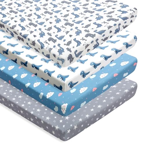 Image of 4 Pack Soft Baby Boy Sheets Dinosaur Star Cloud Soft Polyester Neutral Unisex Fitted Sheets Set for Baby Boys