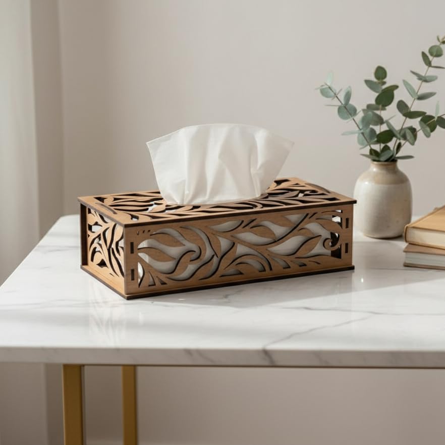 Image of Elegant Laser Cut Wooden Tissue Box Cover - Decorative Tabletop Holder for Living Room, Dining & Office