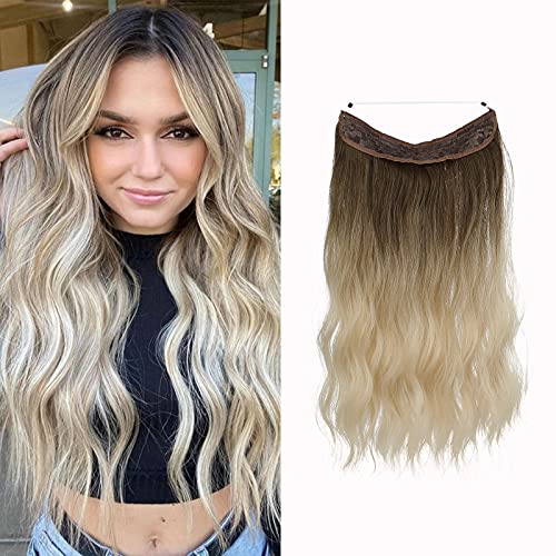 HAIRCUBE Halo Hair Extensions Invisible Crown Curly Hairpieces Adjustable Size Headband Transparent Wire No Clips 16 Inch Ombre Gray