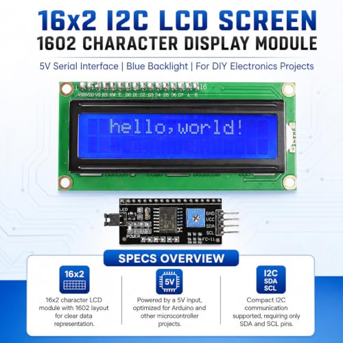 Image of 10 Packs I2C LCD Screen 1602 16x2 Character Display Module, 5V Serial Interface with Blue Backlight for DIY Electronics Projects