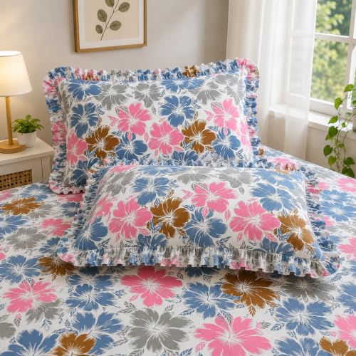 Image of King Size Fitted Bedsheet for Double Bed | 320 TC Cotton Feel Microfiber | All Around Elastic with 2 Frill Pillow Covers | Soft & Durable | (Multicolor Frill, Fitted - 72 x 78 Inch King)
