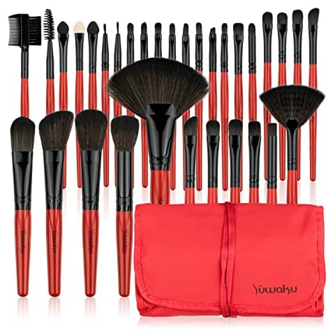 Makeup Brush Set, 32 Pieces Red Cosmetic Brush Foundation Face Brush Eye Brush Lip Brush Eyeshadow Brush with Nylon Bag Cover