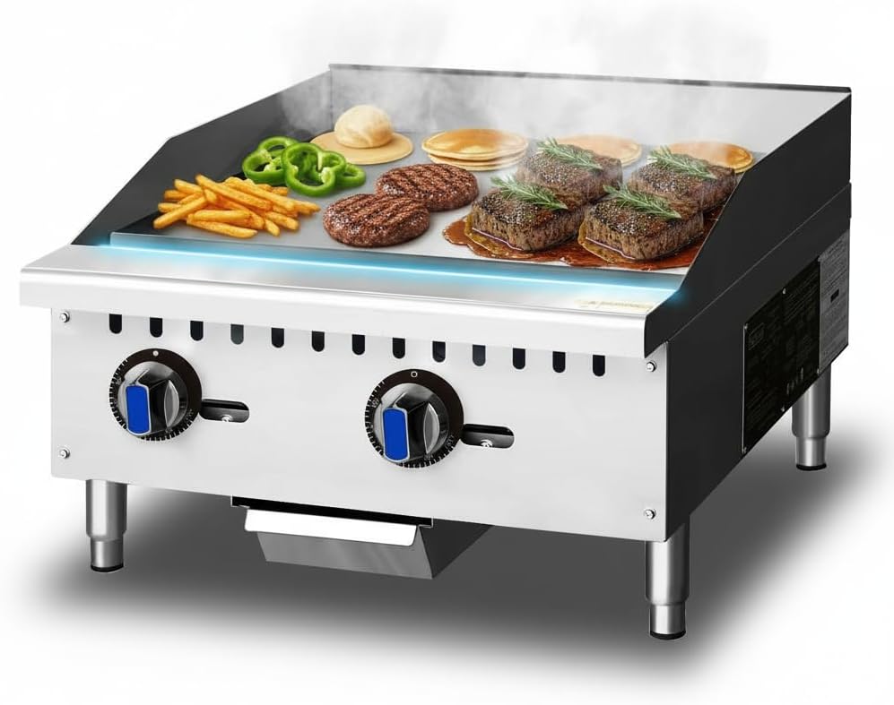 24 in. Commercial Gas Griddle, 122℉-572 ℉ Adjustable Temp Natural Gas 2-Burner Griddle, Natural Gas (NG) / Propane, 60,000 BTU in Stainless-Steel