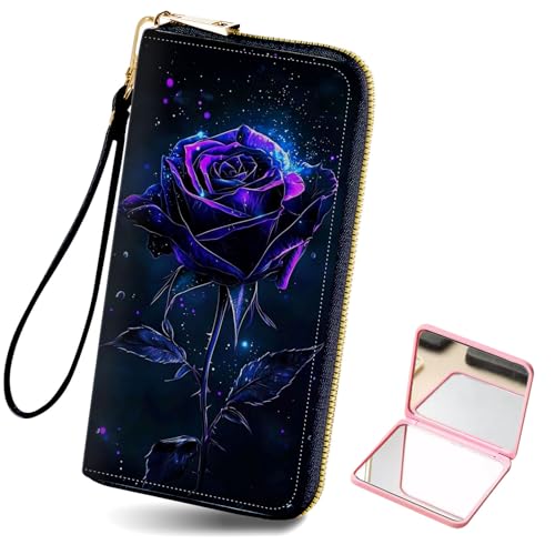 Women's Card Holder Wristlet Wallet, Convenient Travel Long Wallet with Strap and Pink Compact Mirror, Fashion and Sturdy Wristlet Long Purse for Women, Purple Dark Rose