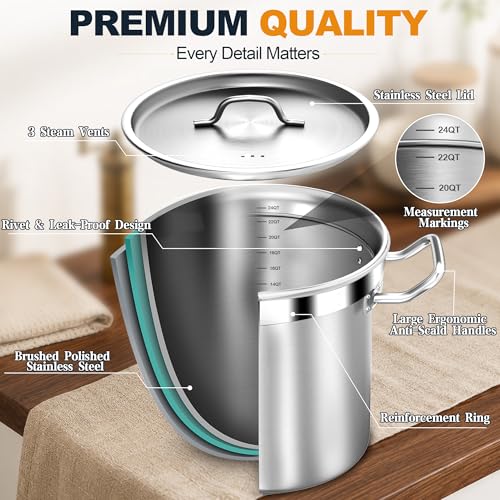 Image of 24 Quart Stainless Steel Stockpot with Lid, Heavy Duty Tri-Ply Bottom Commercial Soup Pot for Cooking Large Family Meals, Chili, Seafood Boil, Gas, Oven Safe