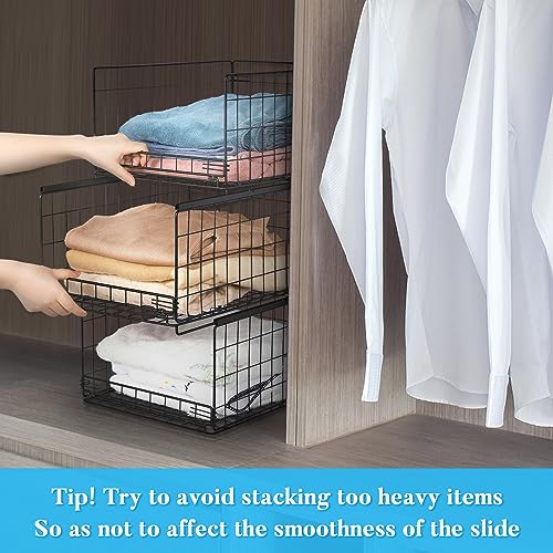 Hongtamoya 4-tier Sliding Closet Organizers and Drawer Storage Shelves, Stackable Storage Bins for Jean Pants Sweaters, Metal Drawer Slid Clothes Storage Container, Closet Organizers for Clothes-Black