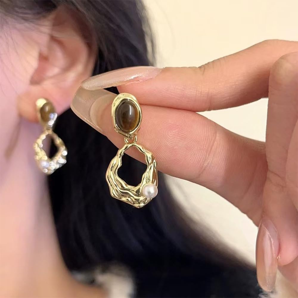 Vintage Oval Natural Stone Dangle Drop Earrings for Women Gold Tone Dainty Irregular Tiger's Eye Pearl Statement Dangling Stud Lightweight Fashion Jewelry - Image 4