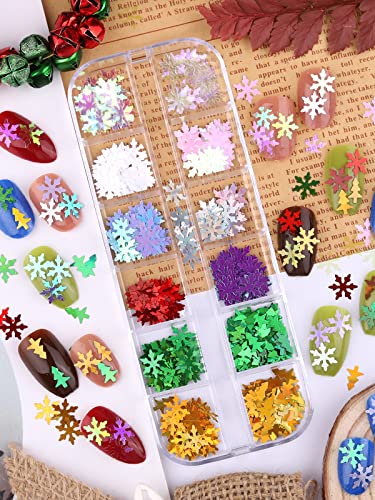 Ebanku 12 Colors Laser Snowflakes Glitter Nail Sequins, 3D Christmas Holographic Snowflakes Flakes Nail Sequins, Sparkly Snowflakes Flakes Nail Glitter For Xmas Diy Nail Art Decoration Resin Mold #TOP6