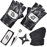 Hereneer Kakashi Cosplay Set, Naruto Stirnband Konoha, Stirnband Kakashi Stirnschutz, Kakashi Handschuhe und Kunai Ninja Shuriken, Anime Naruto Cosplay Zubehör, Kunai Spielzeug-Sets Für Naruto Fans