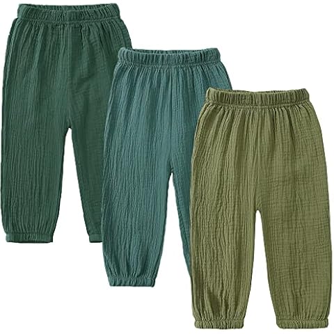 GFQLONG 3 Pack Toddler Boy Girl Casual Basic Plain Soft Pant Baby Summer Fall Comfy Cotton Linen Bloomers Pants,3pc-Green,1-2T Cover