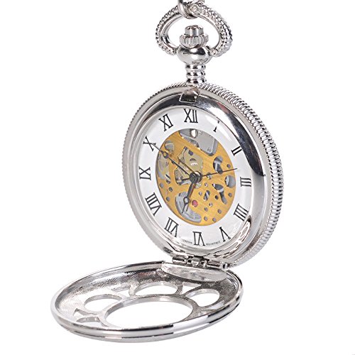 Fransande Antique Hunter Quartz Roman Numerals Pocket Watch for Men with Chain Silver