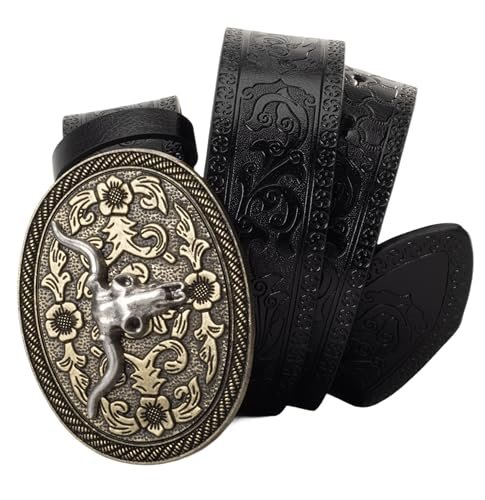 Image of Western Cowboy-Belts for Women Big-Buckle Longhorn-Bull PU-Leather Rodeo Cowgirl-Belt Engraved Floral - Waist 25-38 inch