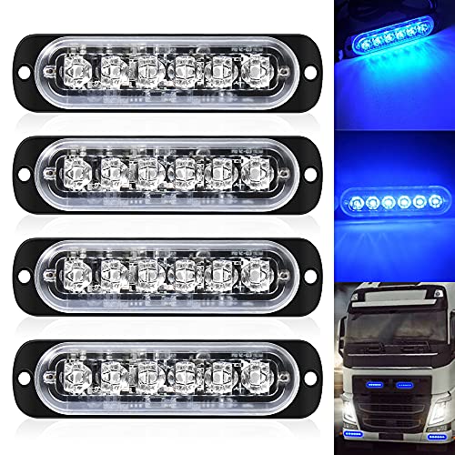 Defvnsy - Pack de 4 - Lumière stroboscopique ultra mince Bleu à 6 LED - Barre lumineuse à LED Mini barre lumineuse d'urgence 18 Mode clignotant 12V-24V pour...