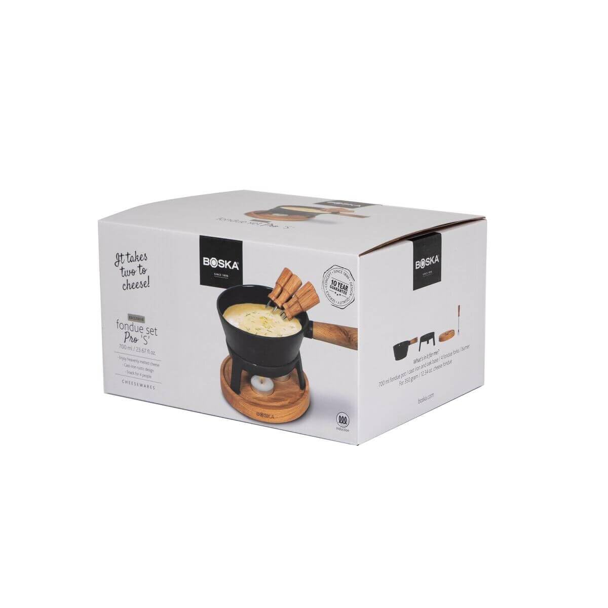 Boska Appareil à fondue Pro S - Fondue - Service à Fondue - Pour 350 gr - Fromage Fondu - inc. Fourchettes - 2 à 4 Personnes - Bois de Chêne & Acier Inoxydable - 700 ml Contenu