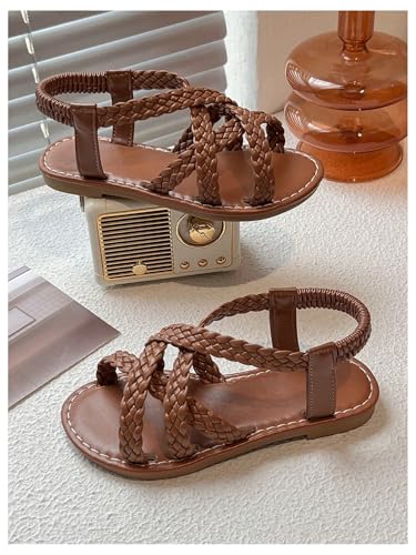 Image of GORGLITTER Girl's Leather Ankle Strap Flat Sandals Dressy Braided Round Open Toe Summer Vacation Beach Cute Sandals 2025
